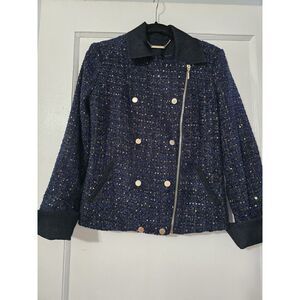 White House Black Market‎ Women Size 0 Navy Tweed Gold Sparkly Moto Jacket